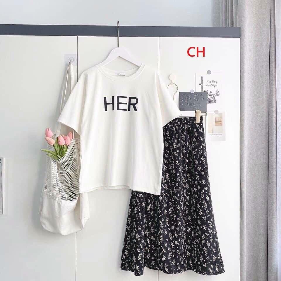 Sét áo thun và chân váy hoa nhẹ nhàng tiểu thư