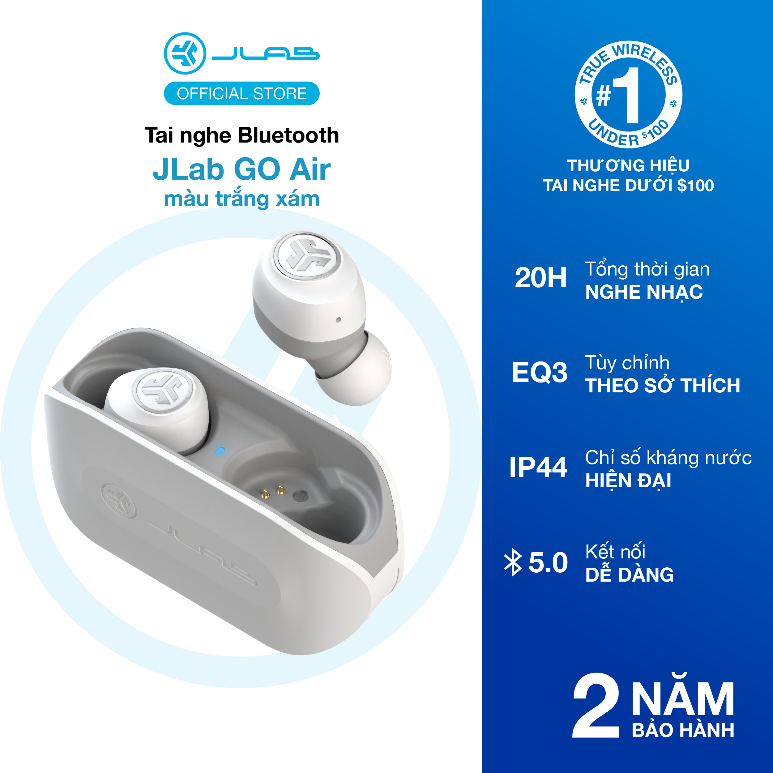 Tai nghe Bluetooth True Wireless JLab GO Air màu trắng xám - Hàng chính hãng