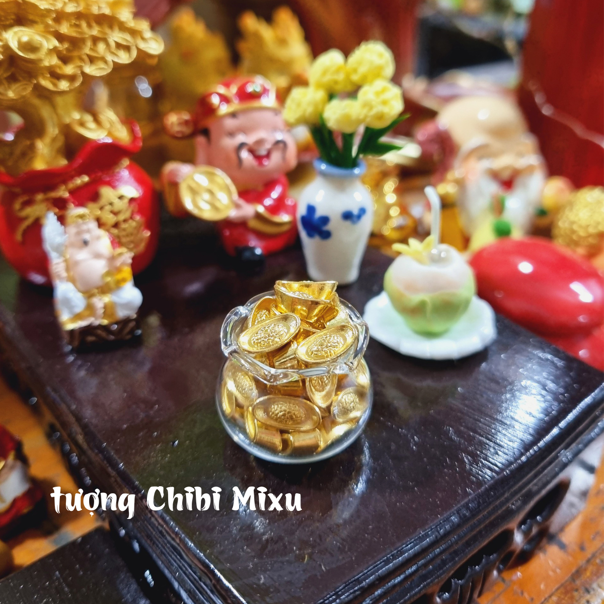 Chum vàng Tài Lộc 75K (gồm 01 chum thủy tinh 27x22mm + 30 thỏi vàng kim loại 11mm) decor decor phòng