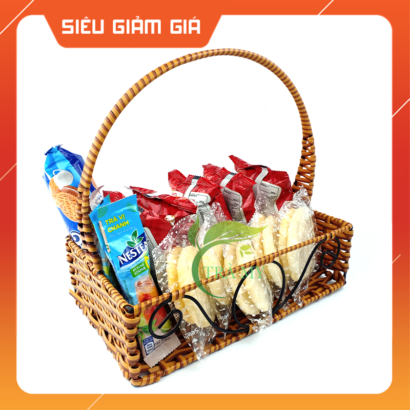 Lẵng chữ nhật mây nhựa đan tay cầm đựng hoa tươi hoa khô trang trí tiệc gia đình