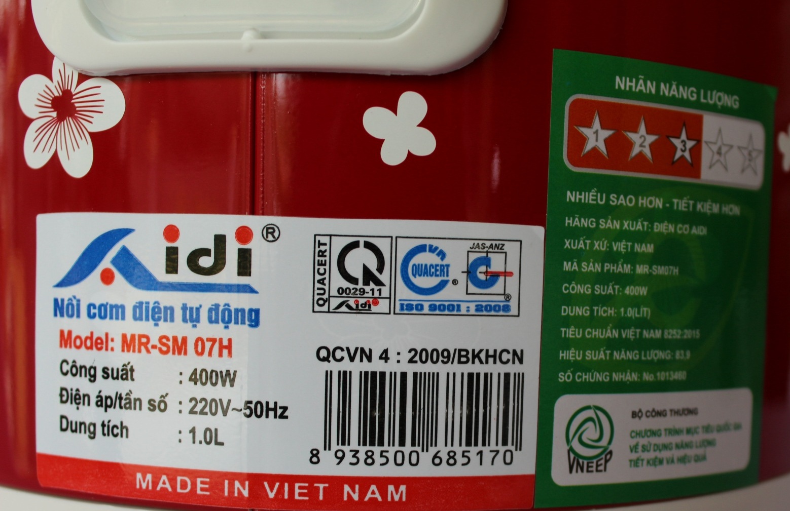 Nồi Cơm Điện Tự Động Nắp Gài Aidi MR-SM 07H (1 lít) - Màu Ngẫu Nhiên - Hàng Chính Hãng