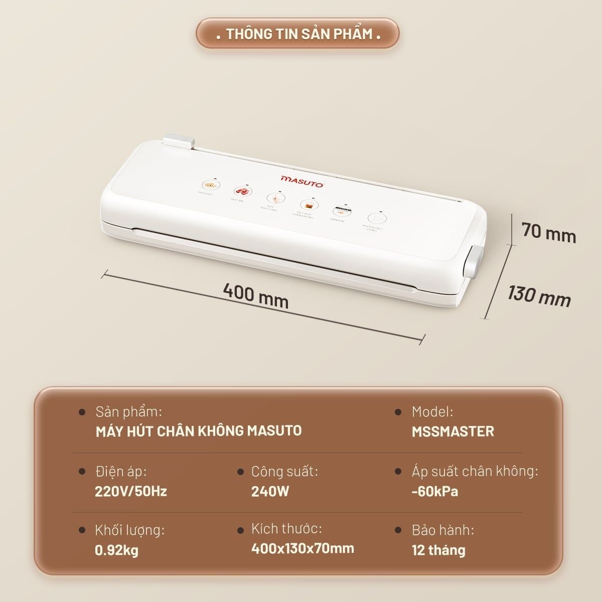 Máy hút chân không thực phẩm Masuto MSSMaster Không Kén Túi, hút siêu mạnh 60kPa, mối hàn kép 4mm hàn miệng túi siêu chặt - Hàng chính hãng