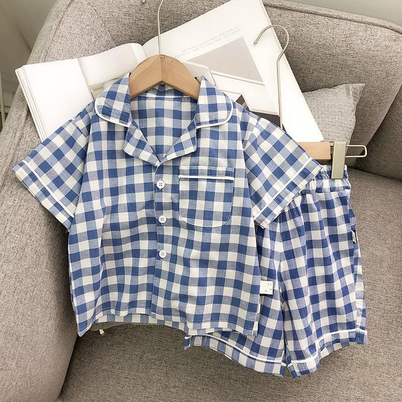 Bộ ngủ cộc tay cho bé, Bộ pijama kẻ caro cho bé trai và bé gái chất đũi mềm mịn từ 6-28kg Moon House