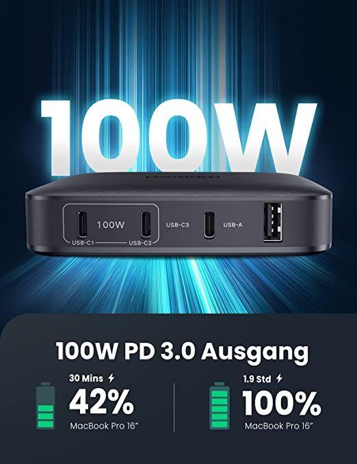 Ugreen UG70870CD226TK 100W Màu đen Bộ sạc nhanh điện thoại 3 cổng USB-C + 1 cổng USB -A hỗ trợ GaN chuẩn cắm nguồn EU - HÀNG CHÍNH HÃNG