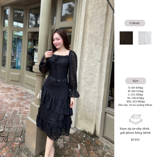 Đầm Maxi Ruzimay Trễ Vai Chấm Bi Dáng Dài Xếp Tầng R1100