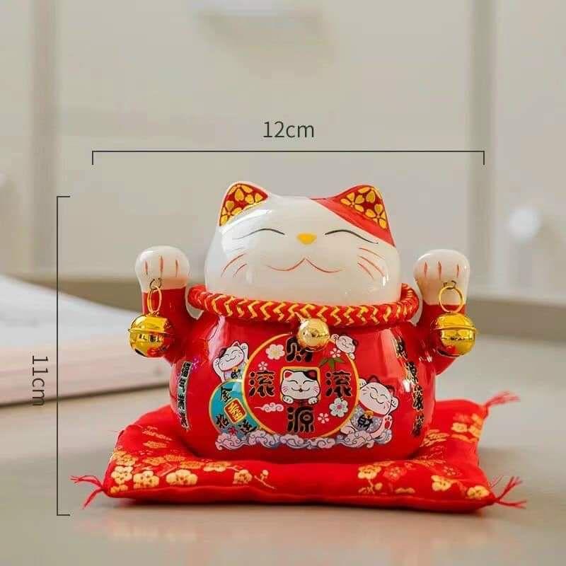 Mèo Thần Tài May Mắn Tài Lộc 14 cm Tặng Kèm Đệm Gốm Sứ Cao Cấp - Khai Vận Đón Tết