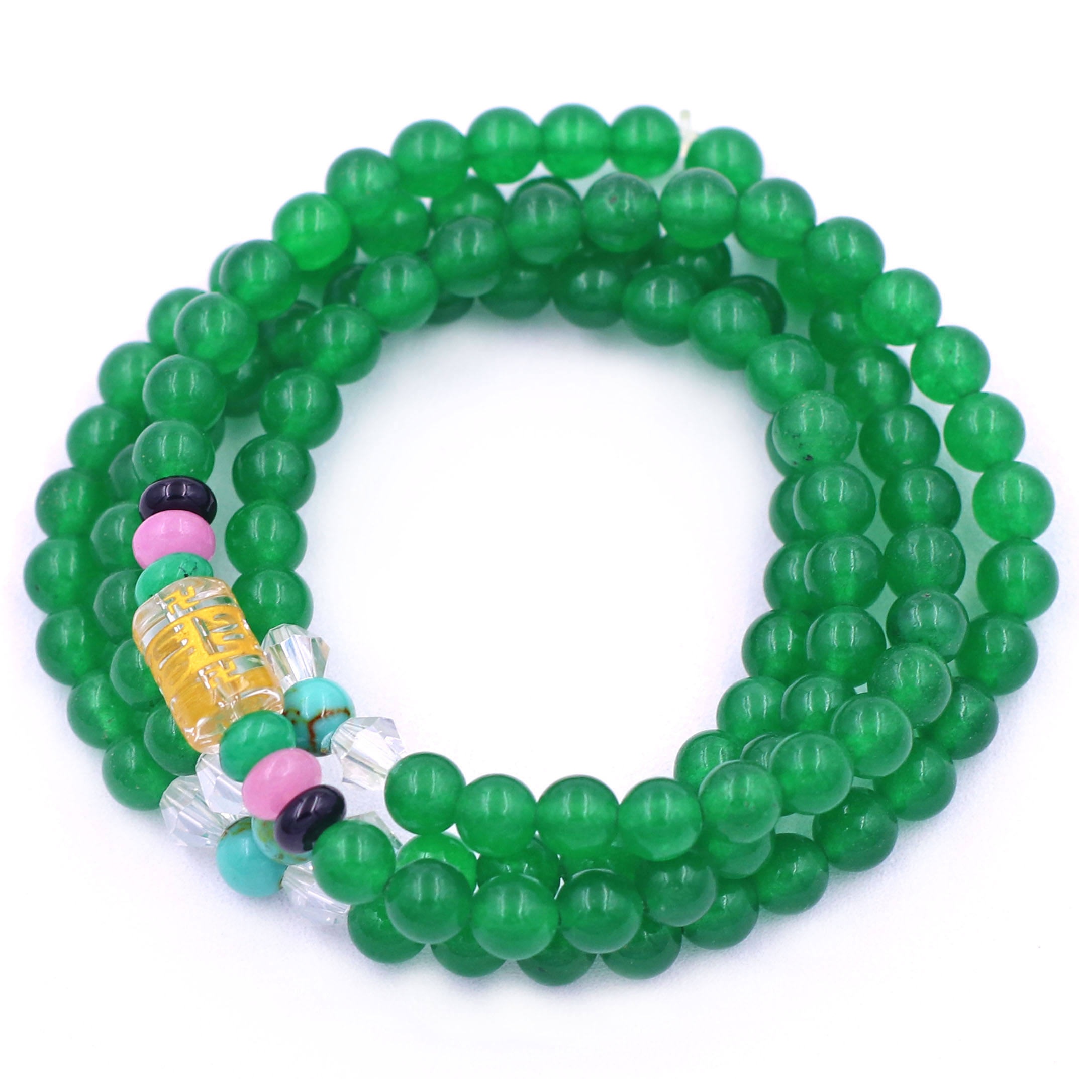 Vòng chuỗi 108 hạt đá thạch anh xanh lá charm lục tự chân ngôn - hạt 8 ly , vòng chuỗi niệm Phật, vòng chuỗi đeo tay