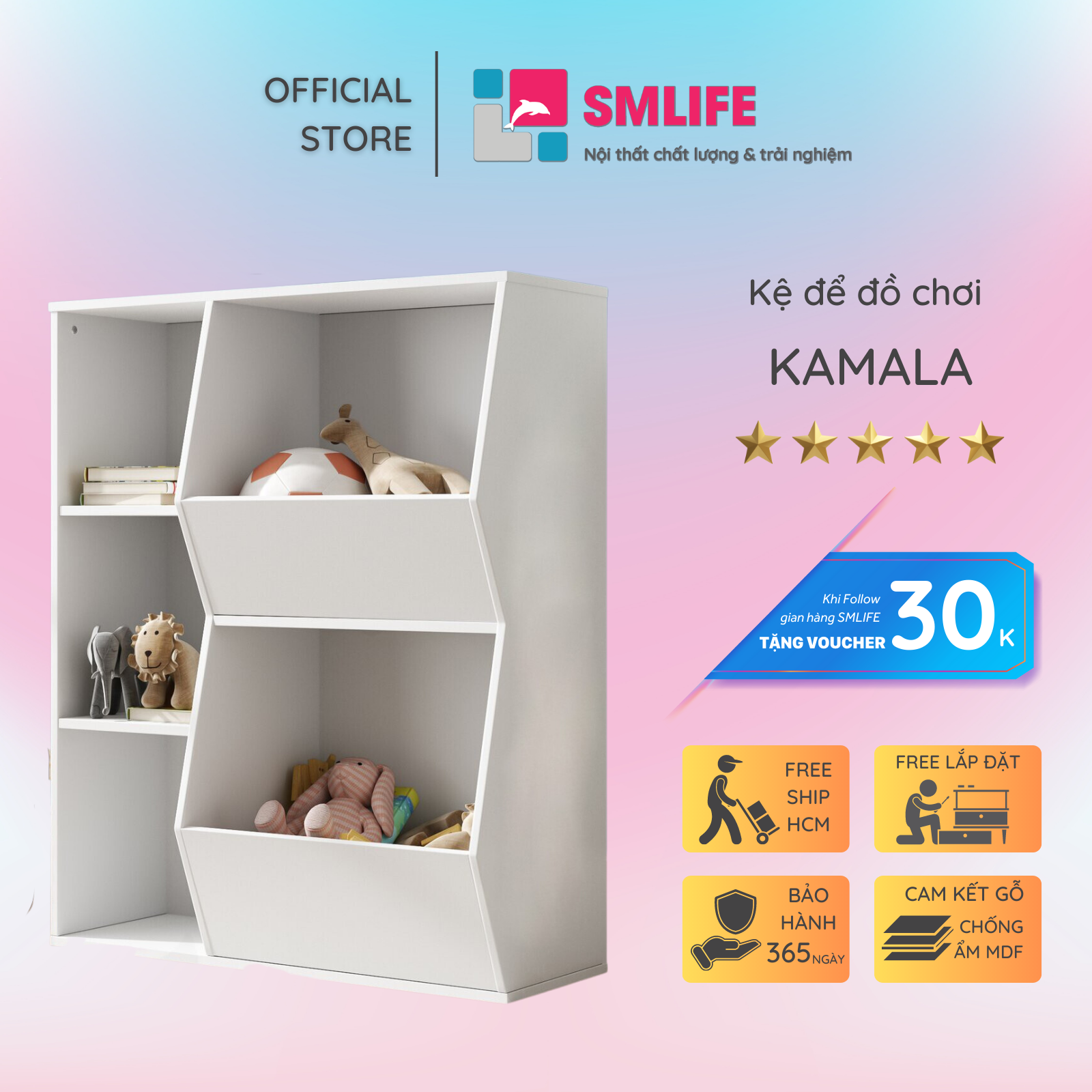 Kệ để đồ chơi cho bé SMLIFE Kamala | Gỗ MDF dày 17mm chống ẩm | D80xR35xC95cm