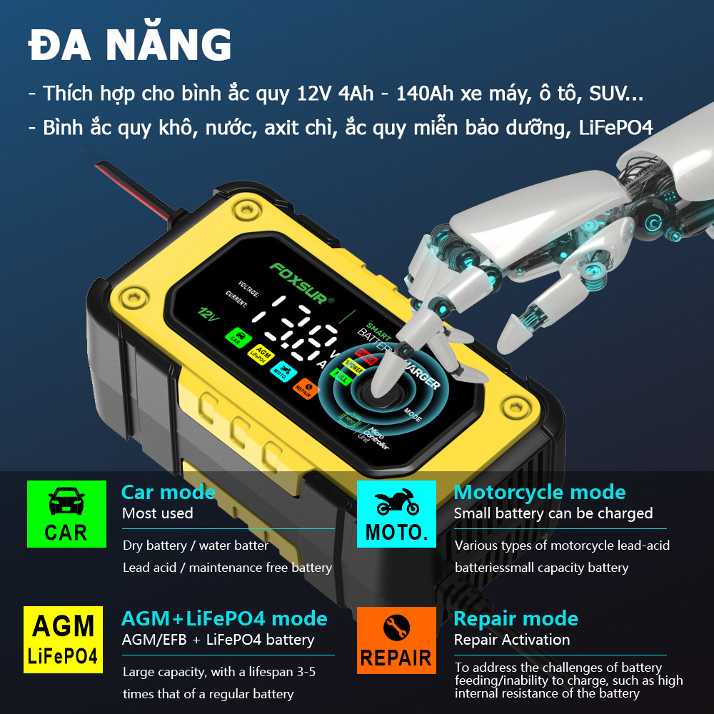 Sạc bình ắc quy FOXSUR FBC1207E 4Ah - 140Ah 7A 12V tự ngắt khử sunfat chống ngược cực