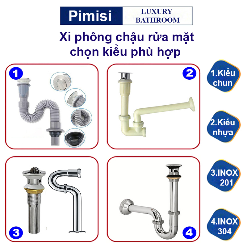 Xi phông chậu rửa mặt lavabo Pimisi mặt inox 304 lật thoát nước được làm bằng nhựa - inox - ống chun (sun) tùy chọn lắp đặt tất cả chậu phổ thông loại có lỗ thoát tràn | Hàng chính hãng