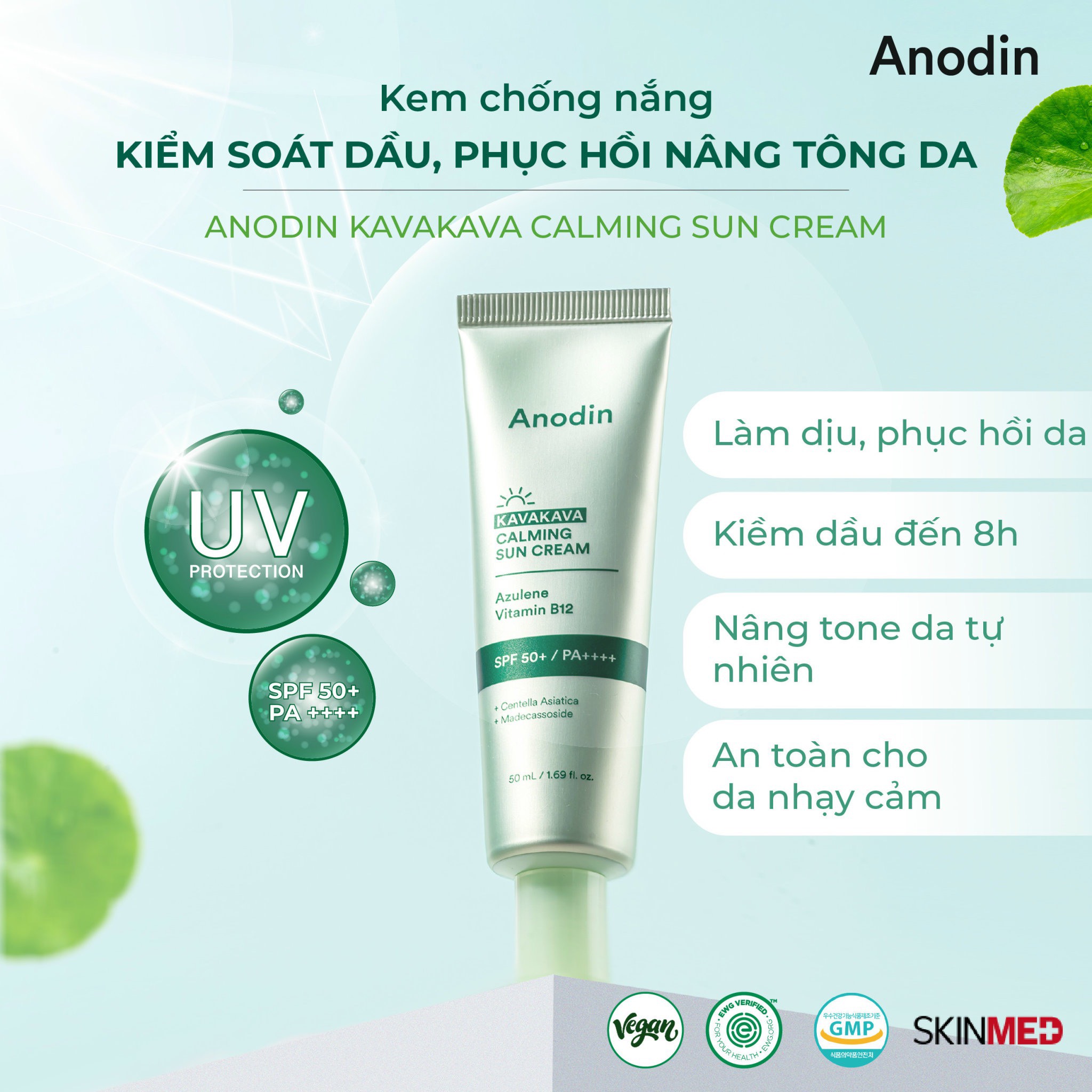 Kem chống nắng rau má kiềm dầu nâng tông cho da dầu, nhạy cảm Anodin Kava Kava Calming Suncream 50ml