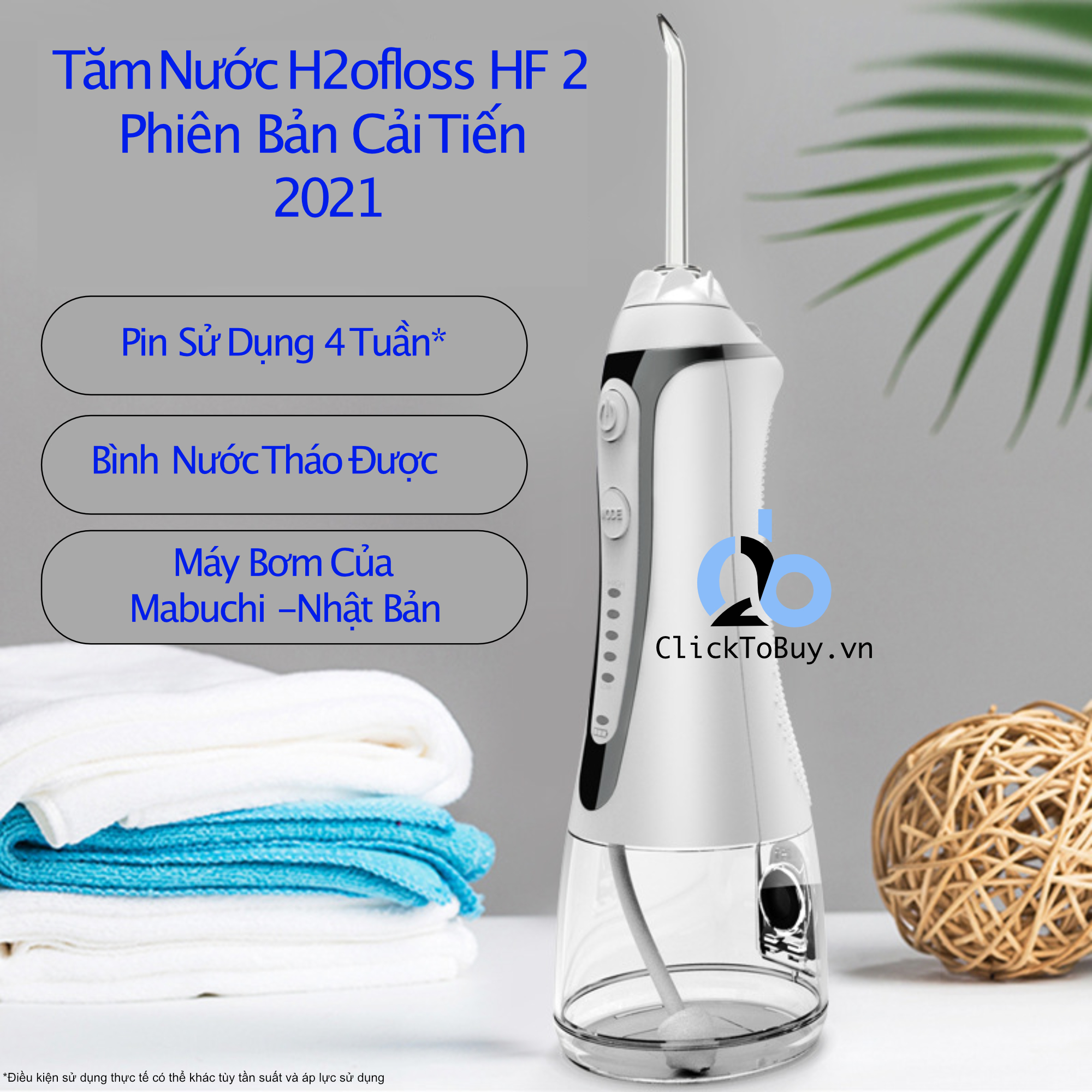 Tăm nước cầm tay H2ofloss HF-2 phiên bản nâng cấp được phân phối độc quyền với nút mở bình nước tiện lợi, tặng kèm 7 đầu tăm, củ sạc nguồn thấp