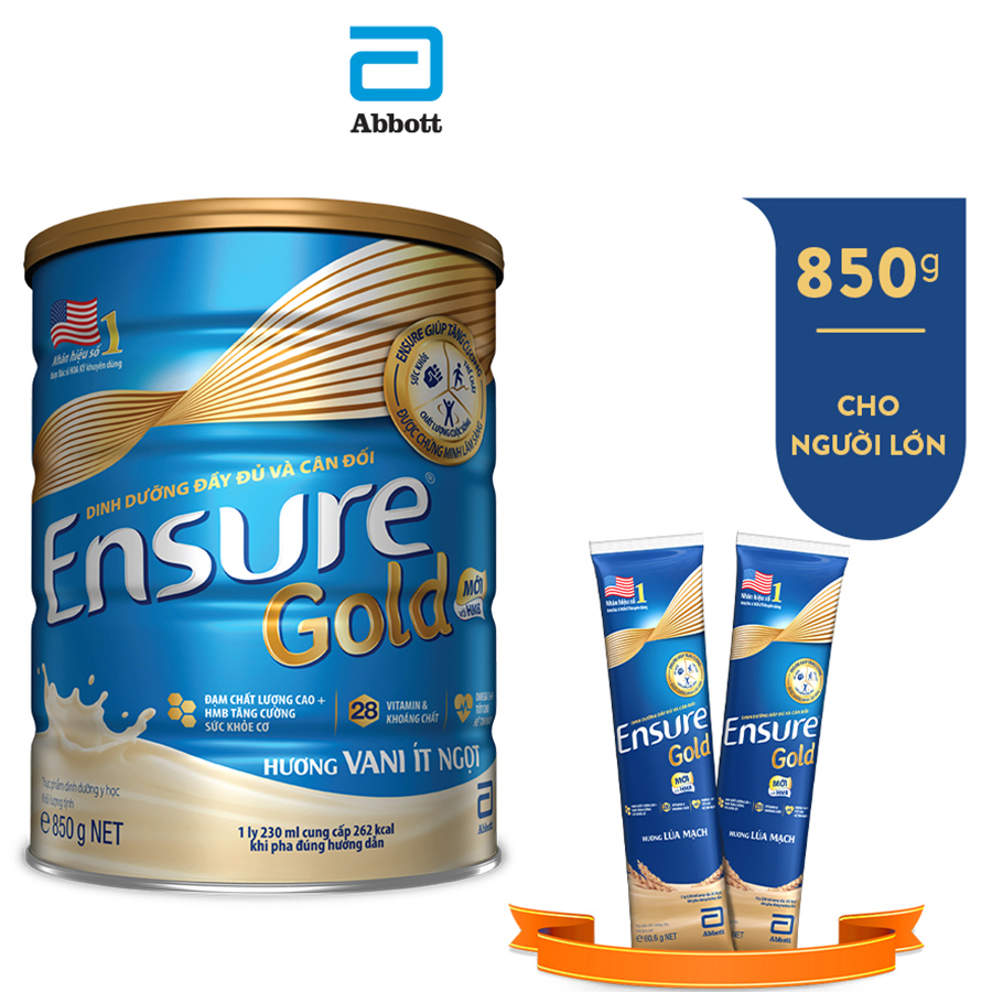 1 Lon Ensure Gold Vani Ít Ngọt 850g - Tặng 2 Gói Dùng Thử Vị Ngẫu Nhiên