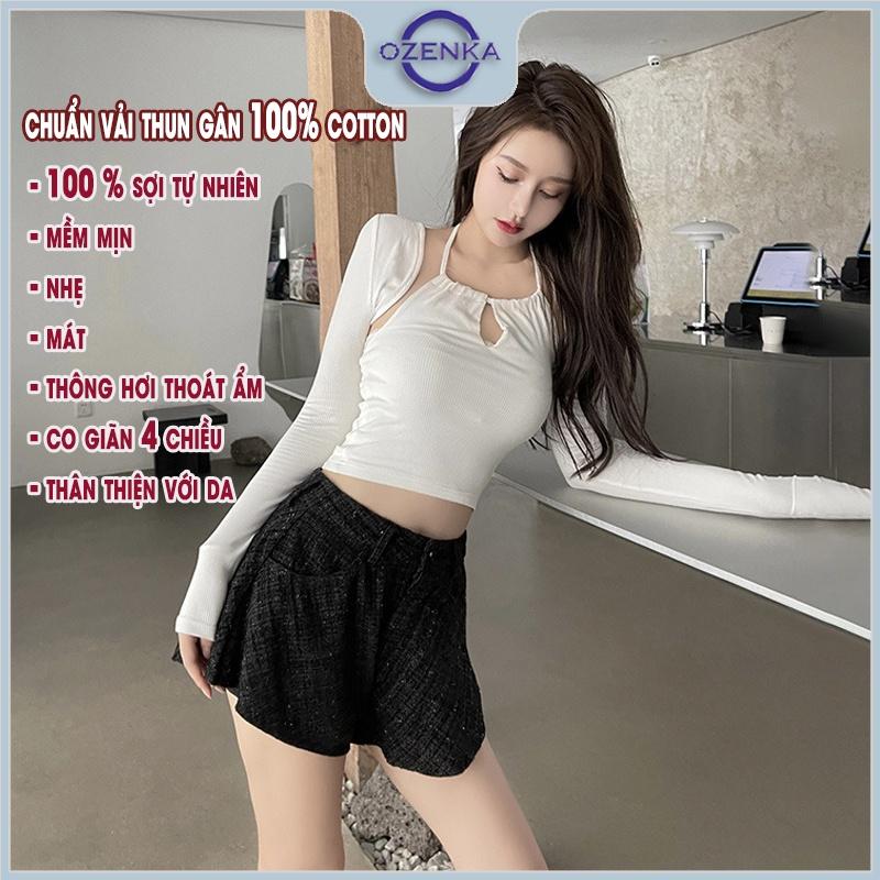 Set áo khoác croptop tay dài áo 2 dây ôm body nữ OZENKA , áo crt kiểu Hàn Quốc gợi cảm thun cotton đen trắng dưới 55 kg