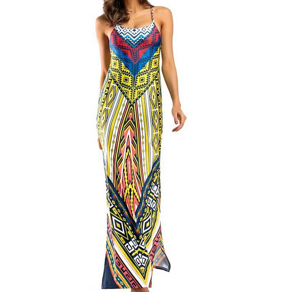 Women Boho Floral Long Dress Summer Evening Party Beach Slit Spilt Sundress - L