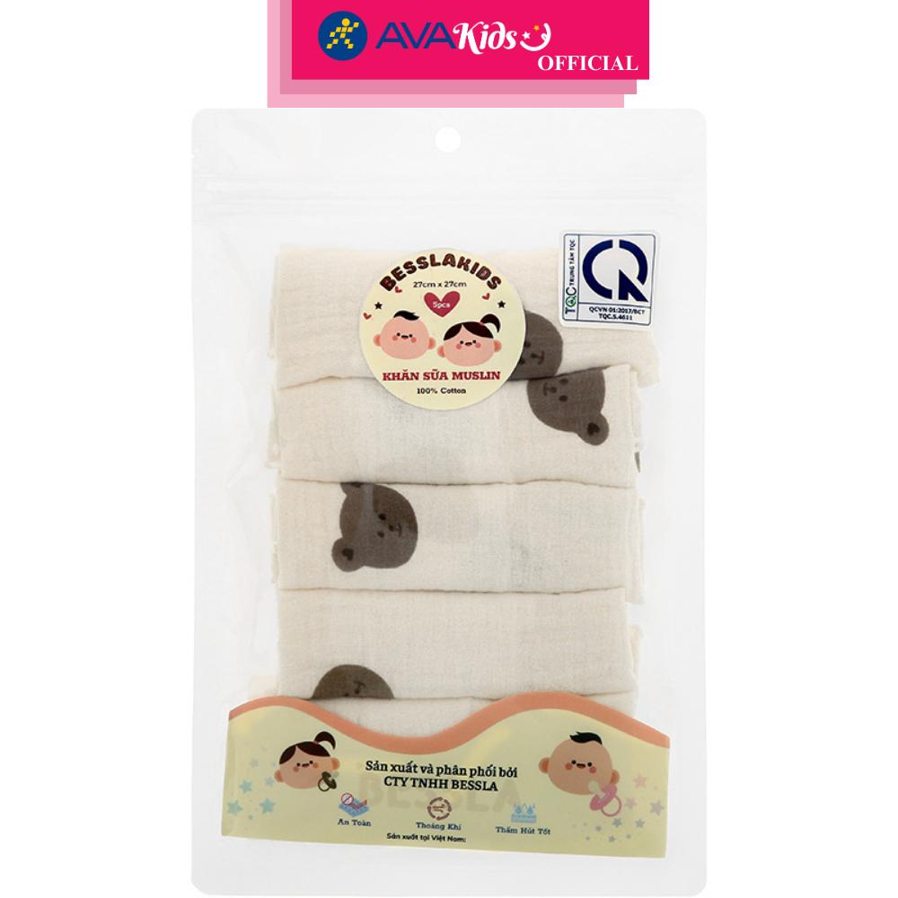 Set 5 cái khăn sữa cotton Bessla 2 lớp 27x27 cm - Gấu bear - Hàng Chính Hãng
