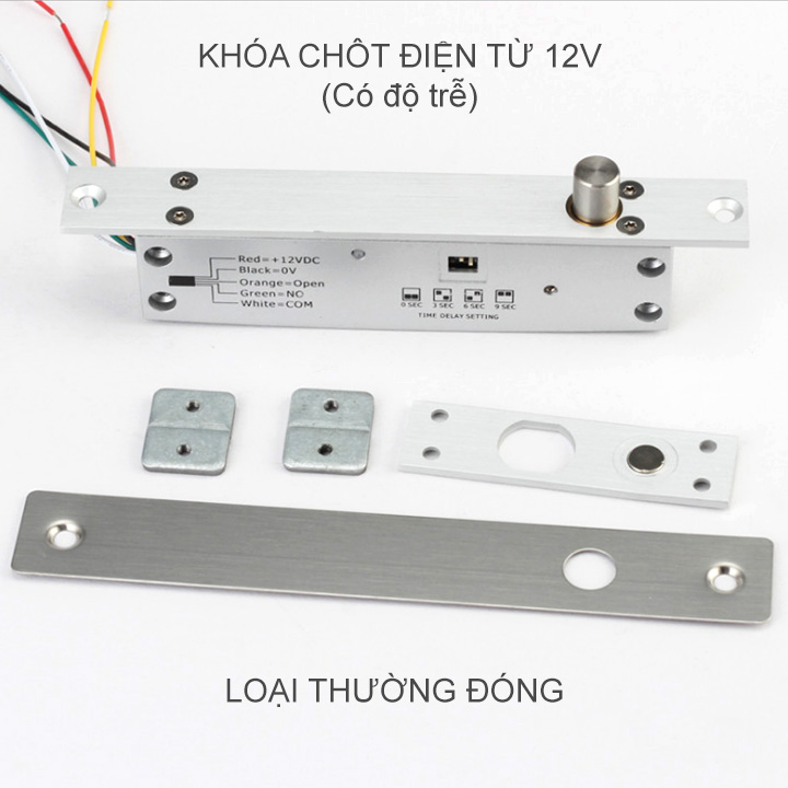 Chốt cửa điện từ thường đóng (cấp điện mở, ngắt điện khóa) 12VDC có độ trễ 0-3-6-9 giây, loại 5 dây