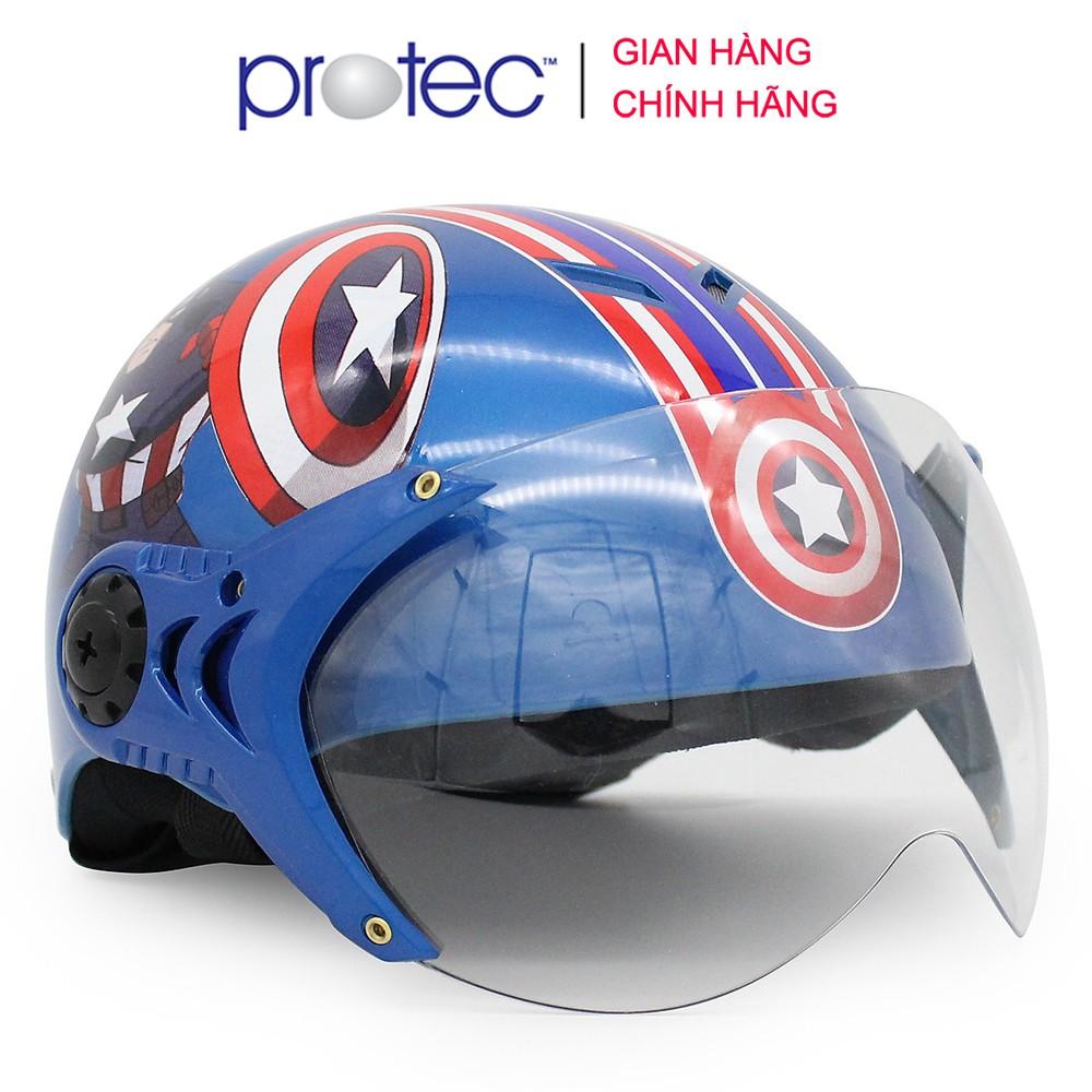Mũ bảo hiểm trẻ em 1/2 đầu có kính Protec Kitty, họa tiết siêu anh hùng Captain American an toàn, thời trang cho bé trai