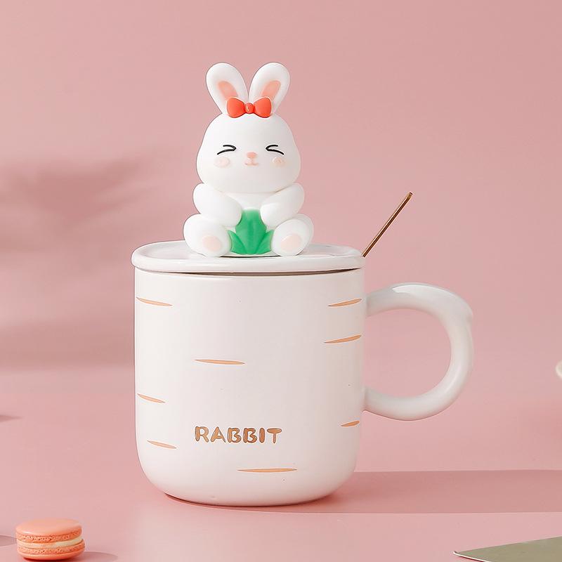 Phong cách mới nhất phim hoạt hình thỏ mềm dễ thương cốc sinh viên cặp vợ chồng sáng tạo cốc gốm văn phòng tại nhà có nắp muỗng ăn sáng cốc sữa
