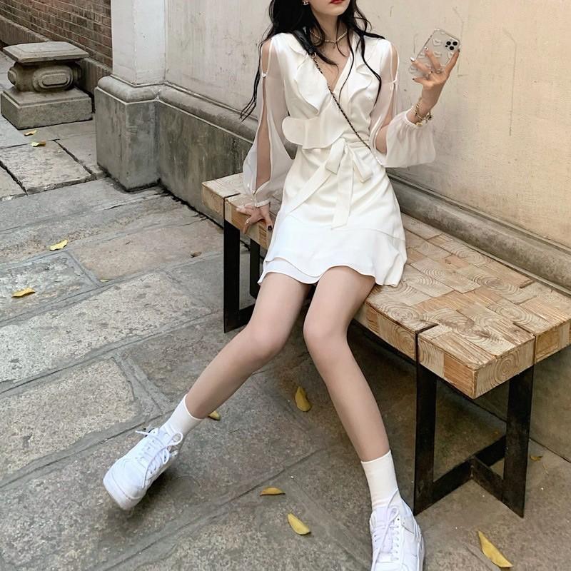 Đầm voan cổ bèo thắt nơ eo nữ tính mẫu 2021