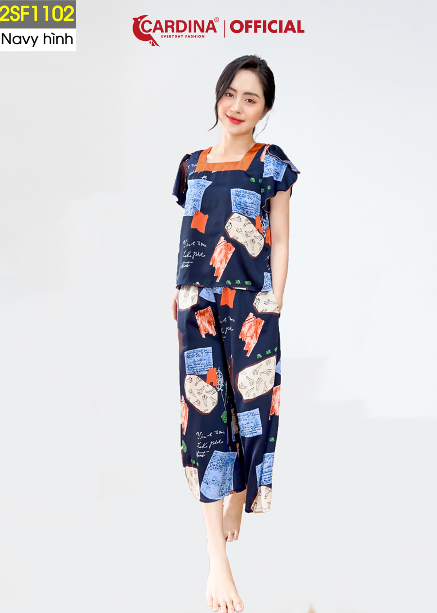 Đồ Bộ Nữ CARDINA Chất Lụa Satin Nhật Cao Cấp Áo Cổ Vuông Tay Bèo Quần Culottes Thời Trang 2SF11