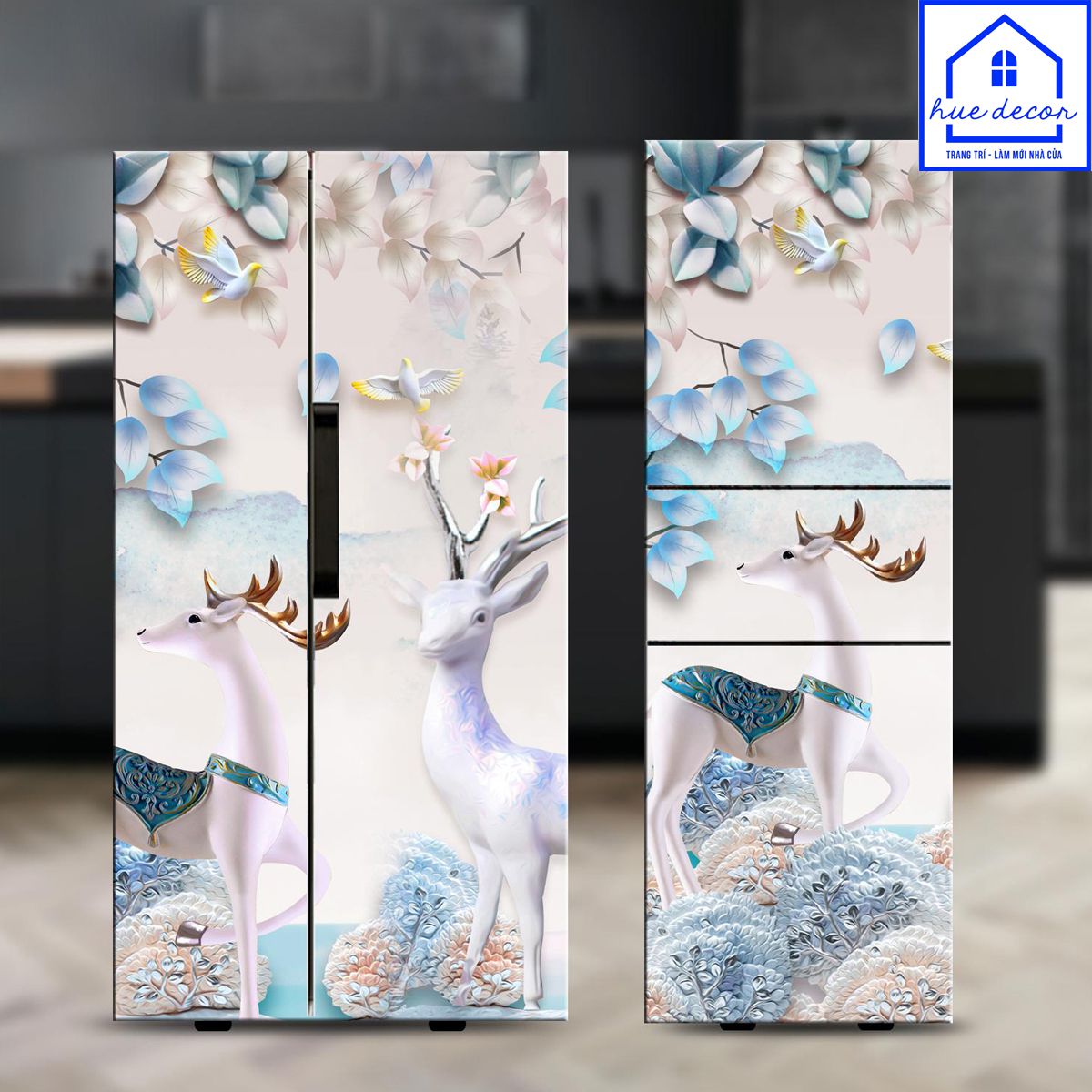 Miếng Dán Decal Tủ Lạnh - Máy Giặt Hươu Tài Lộc  Trắng  Chống Nước, Siêu Bền Sẵn Keo Dễ Dán Tại Nhà