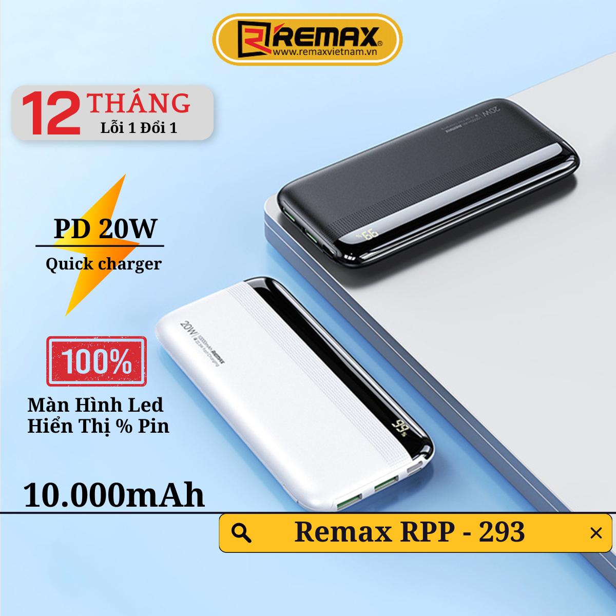 Pin sạc dự phòng 10000mAh 22.5W Remax RPP-293 3 Output USB - Type C &amp; 2 Input Micro/Type-C - Hàng Chính Hãng Remax Bảo Hành 12 Tháng Lỗi 1 Đổi 1