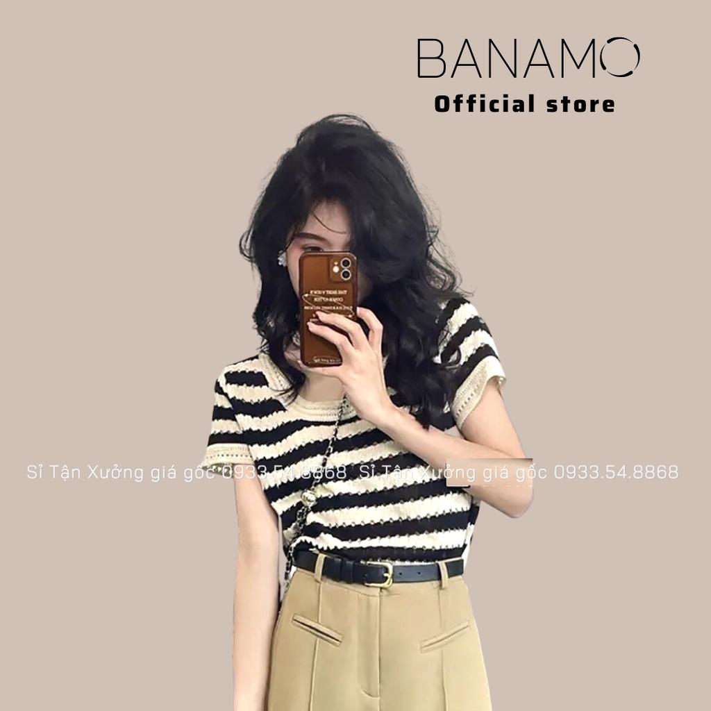 Áo len dệt kim ngắn tay họa tiết kẻ ngang phong cách hàn quốc thời trang Banamo Fashion áo len kẻ ngang 3415