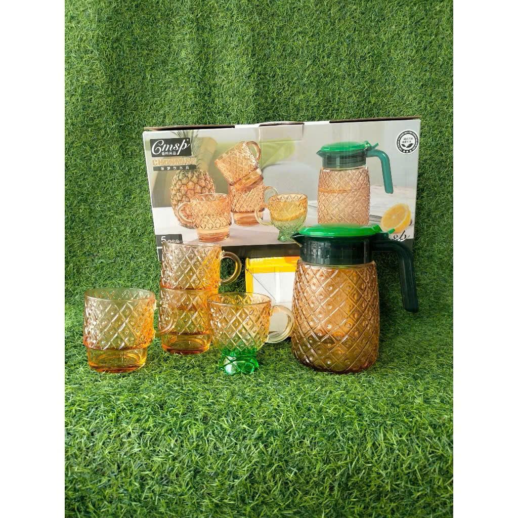 Bộ Bình 4 Cốc Ly Thủy Tinh Hình Quả Dứa Màu Hổ Phách, Bình Chịu Nhiệt Tốt, Trang Trí - HÀNG CHÍNH HÃNG MINIIN