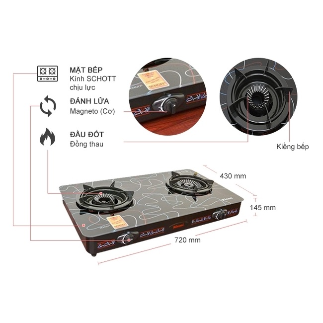 Bếp gas 7 tấc Rinnai RV-715Slim, Chén đồng có đầu hâm tiết kiệm gas - Hàng chính hãng