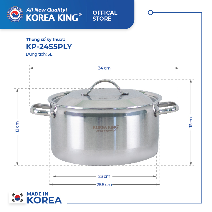 Bộ nồi Inox 5 lớp đáy liền Korea King ( Bộ gồm 4 nồi và nắp bằng inox đường kính 18, 20, 22, 24cm)-Hàng chính hãng