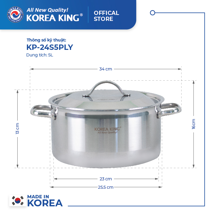 Bộ nồi Inox 5 lớp đáy liền Korea King -Hàng chính hãng