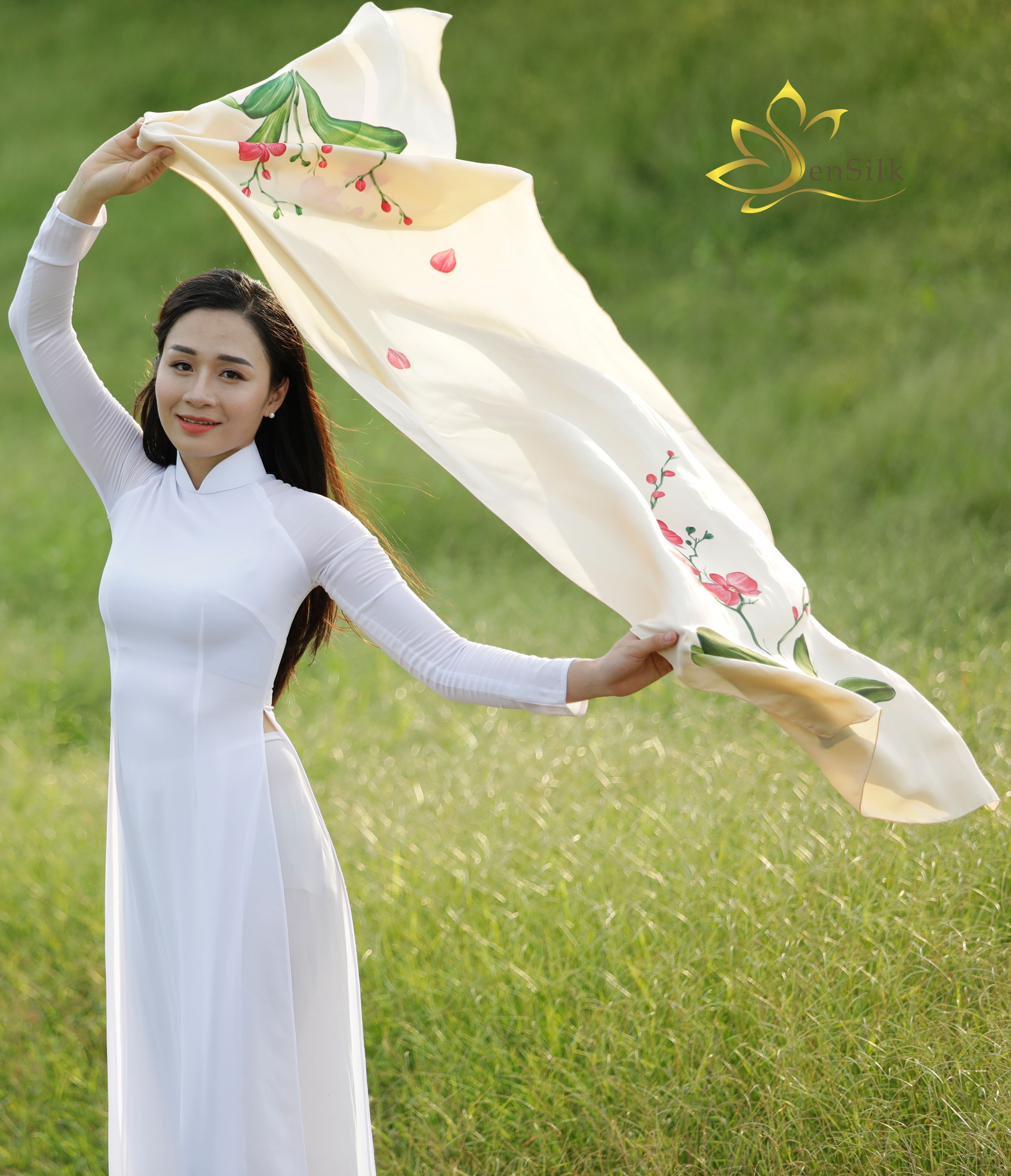 Khăn Lụa Cao Cấp Vẽ Tay Hoa Lan SenSilk Limited – Quà Tặng Doanh Nhân 200x55cm, Vietnam Hand Painted Silk