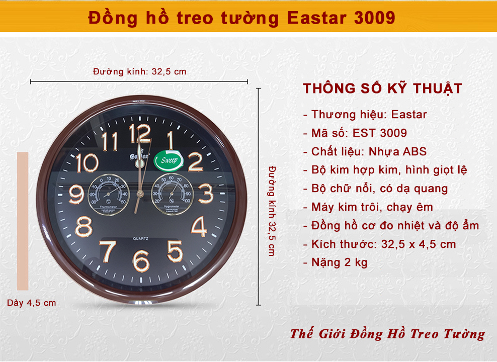 Đồng Hồ Treo Tường Có DẠ QUANG Và NHIỆT ẨM KẾ CƠ (Không Dùng Pin) - Máy EASTAR KIM TRÔI - SỐ NỔI 3D - Tặng Pin Maxell
