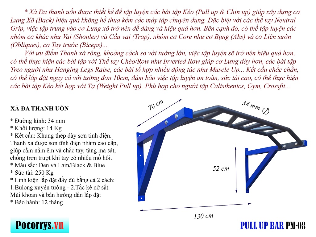 Xà đơn gắn tường, nhiều tay nắm, Xà đa thanh uốn, Pull up bar Pocorrys PM-08, Màu xanh đen