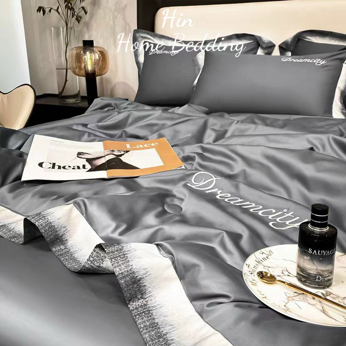 Bộ Chăn Ga Gối Đệm 5 Món Chăn Bông Hin Home Bedding Drap Giường Lụa Mẫu Xám Lông Chuột