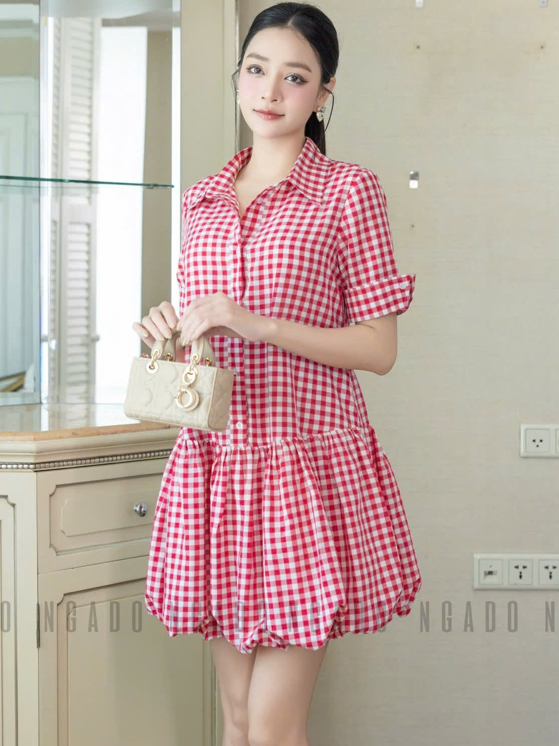 Đầm babydoll caro đỏ cổ sơ mi NGADO , đầm caro , đầm Nữ