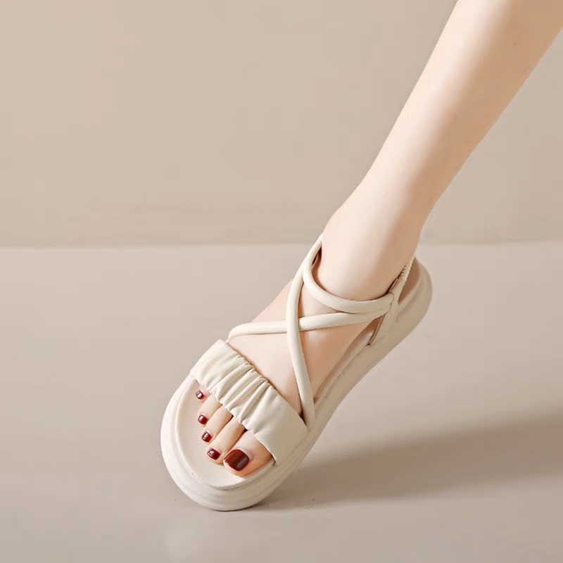 Dép sandal nữ quai nhăn cách điệu dễ thương đế cao 3cm 2 màu  D217