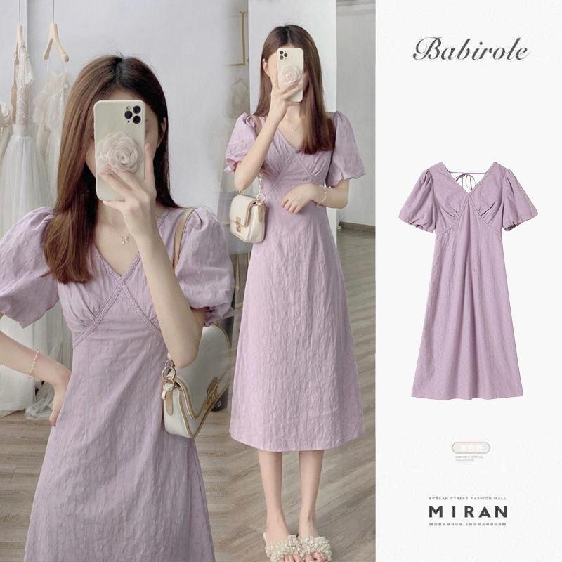 DONGSHOP Váy dài cổ chữ V màu trắng dịu dàng kiểu Pháp, váy dài cổ chữ V màu tím, con cái Hạ Độc đáo, thắt lưng, tay áo bong bóng, váy liền áo.