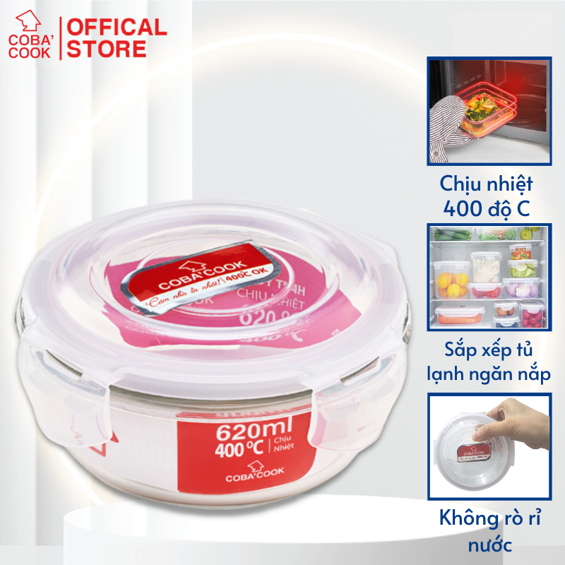 Hộp thủy tinh hộp đựng cơm trữ thức ăn chịu nhiệt COBA'COOK hộp tròn 620ml- CBHR620