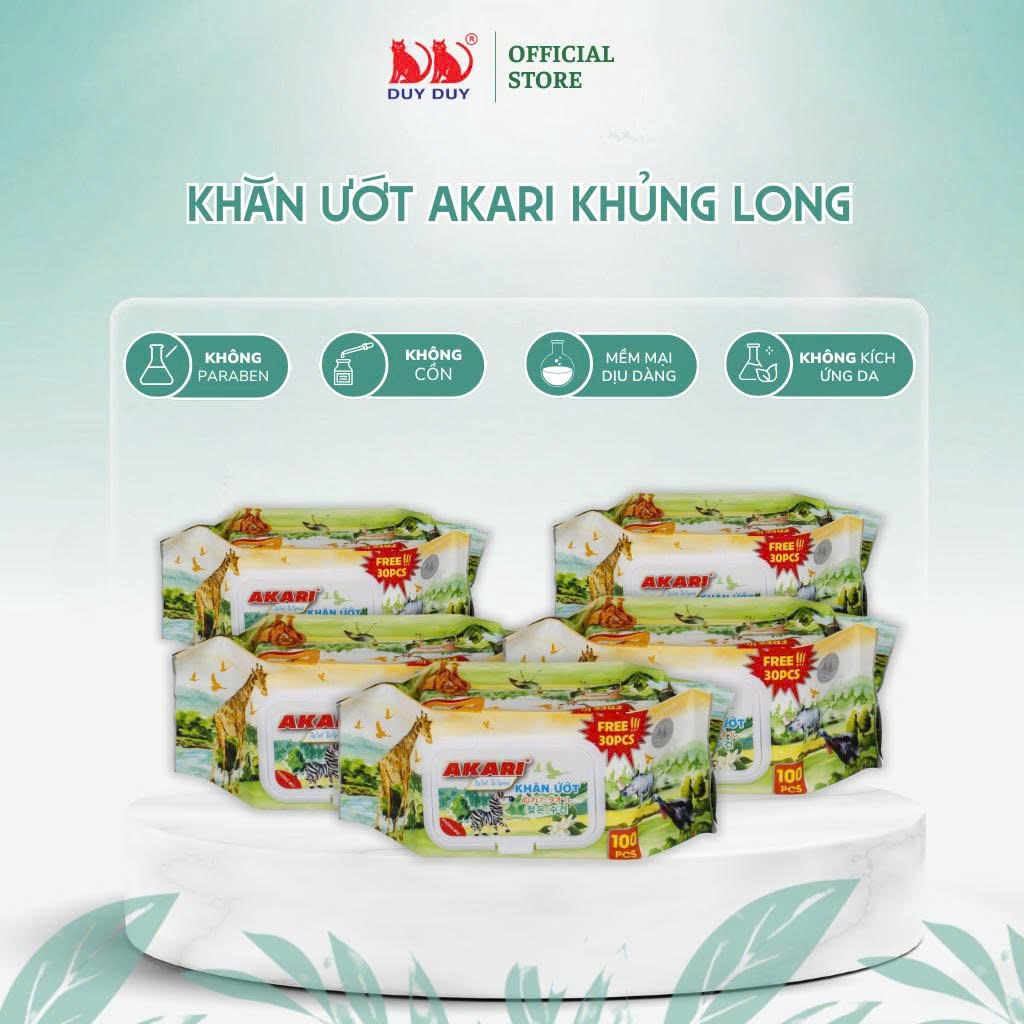 Khăn ướt Akari khủng long vải không dệt rayon cao cấp 130 miếng 13.5x20cm không paraben dành cho bé