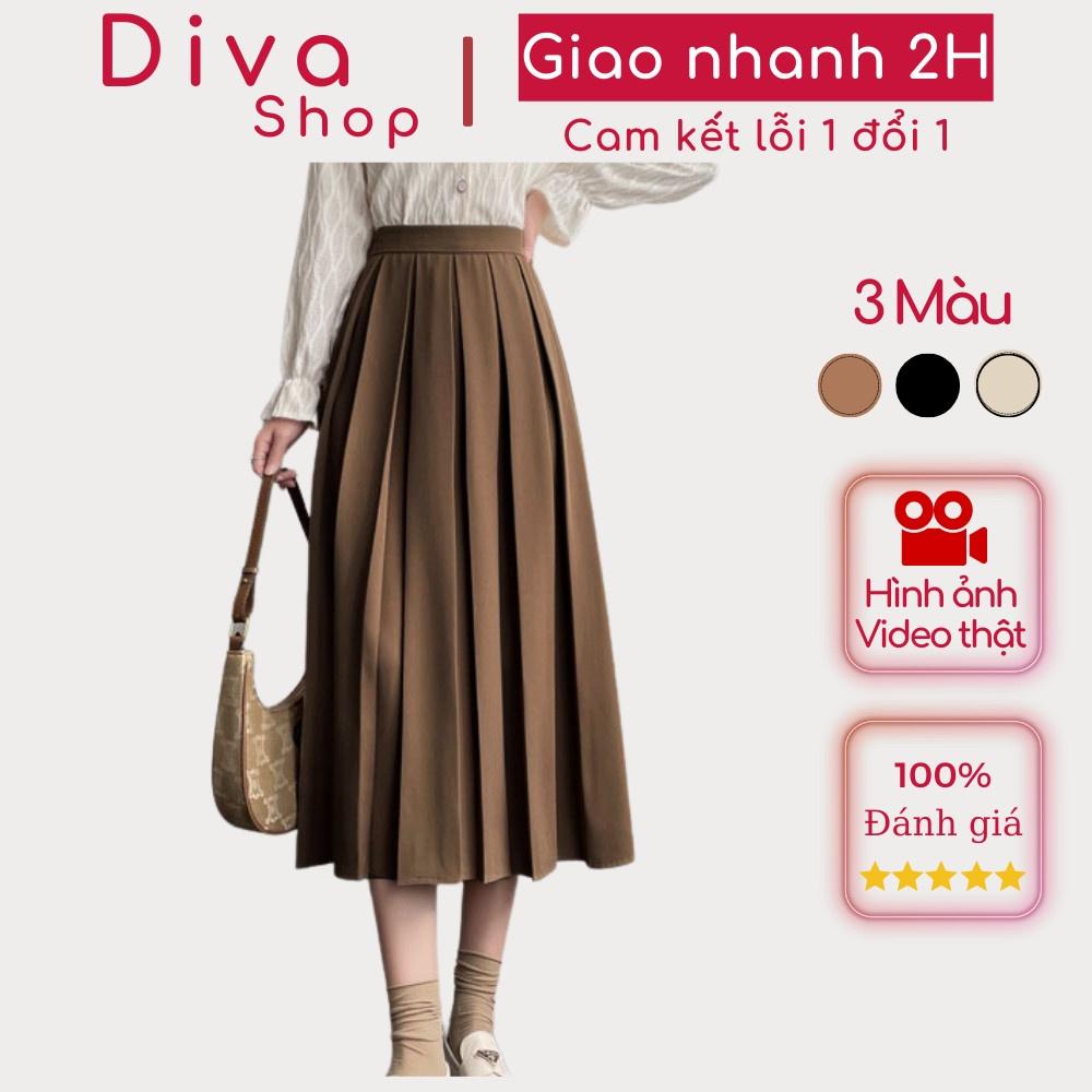 Chân váy Midi dài công sở đi làm xòe dáng dài xếp ly to có BIGSIZE chất tuyết mưa dày dặn màu đen nâu be CV40