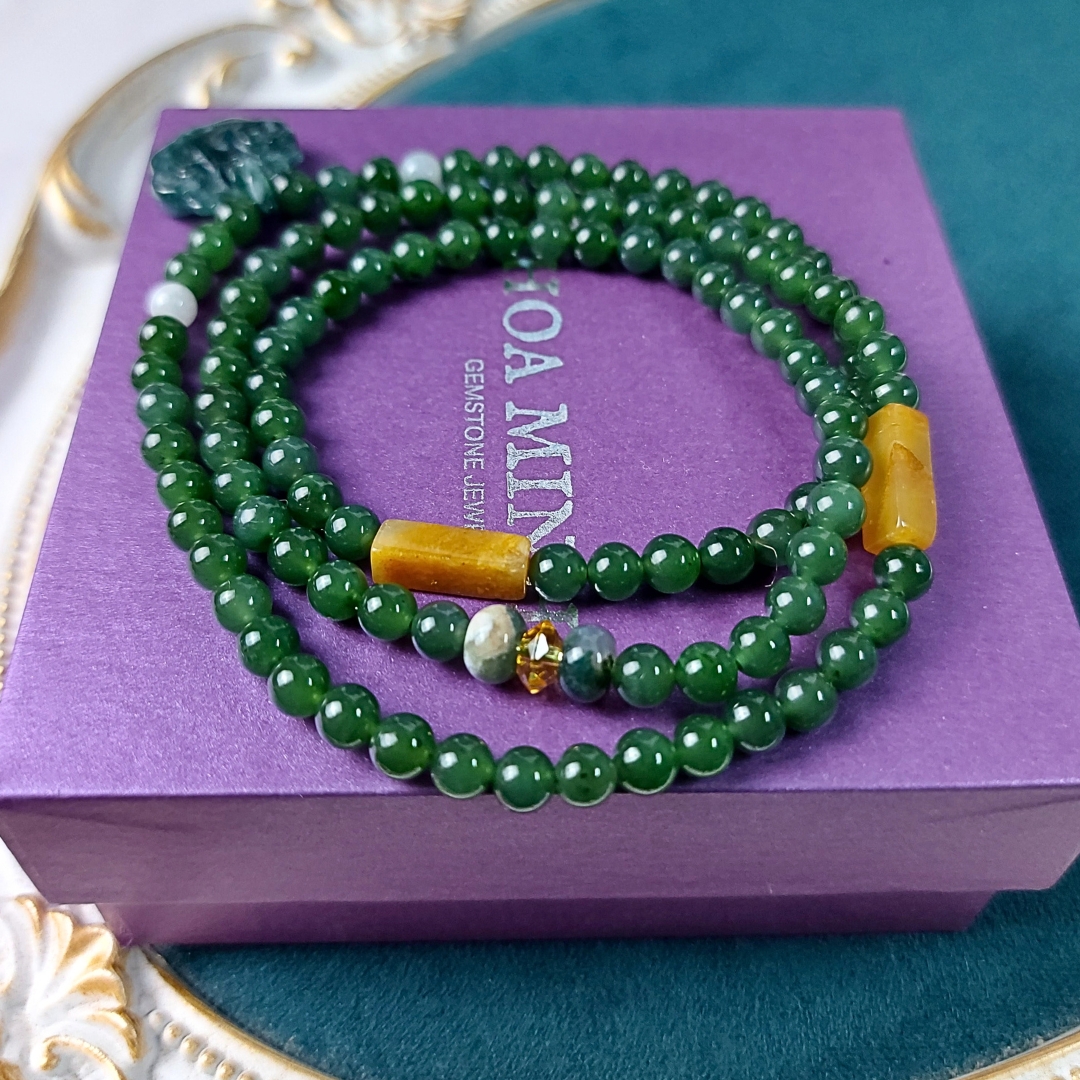 Vòng chuỗi 108 hạt Ngọc Bích Nephrite size 5 li phối Charm Khoá Trường Mệnh Lam Ngọc phong thủy bình an, tài lộc