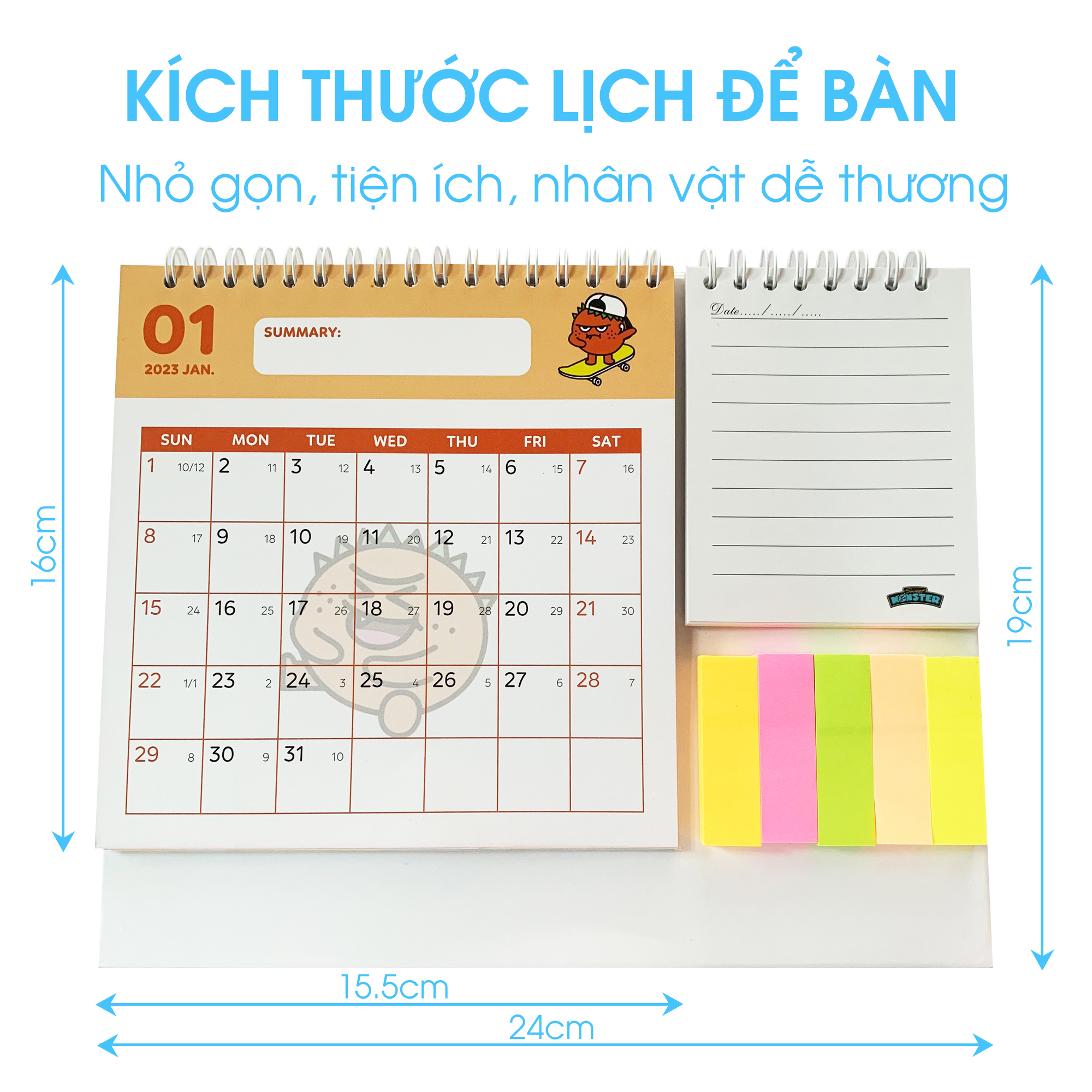 Lịch để bàn 2023 ngày âm dương, sổ tay mini và giấy note ghi chú kế hoạch thiết kế độc quyền