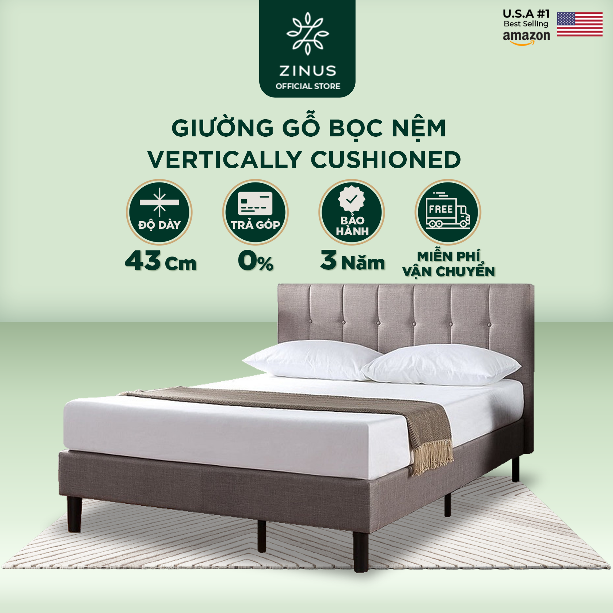 Giường Bọc Nệm Zinus Tự Lắp Ráp Sang Trọng Phong Cách Mỹ - Vertically Cushioned Platform Bed