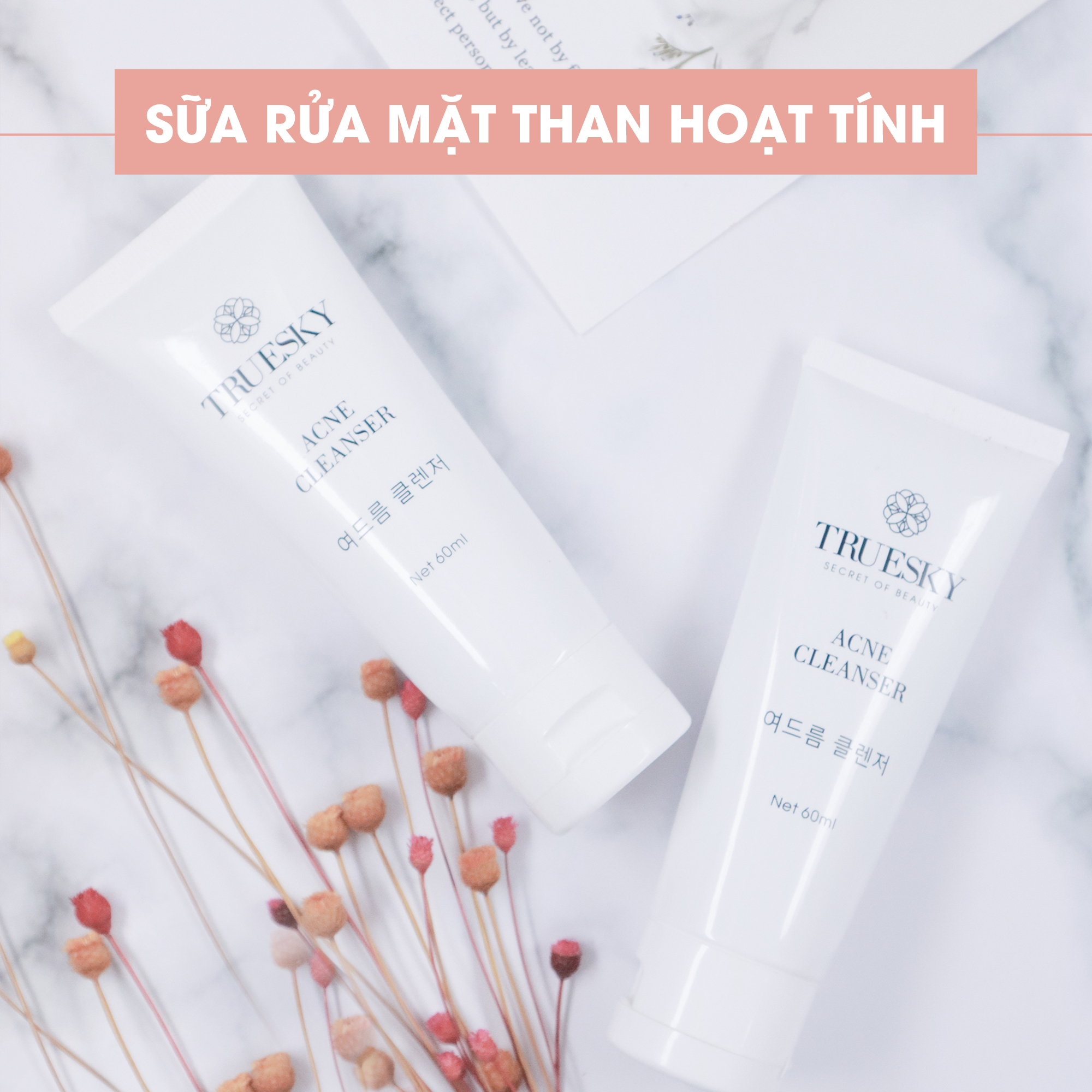 Bộ ngừa mụn da mặt Truesky Premium M02 gồm 1 serum ngừa mụn tràm trà 20ml + 1 sữa rửa mặt than hoạt tính 60ml + 3 miếng mặt nạ tế bào gốc Truesky