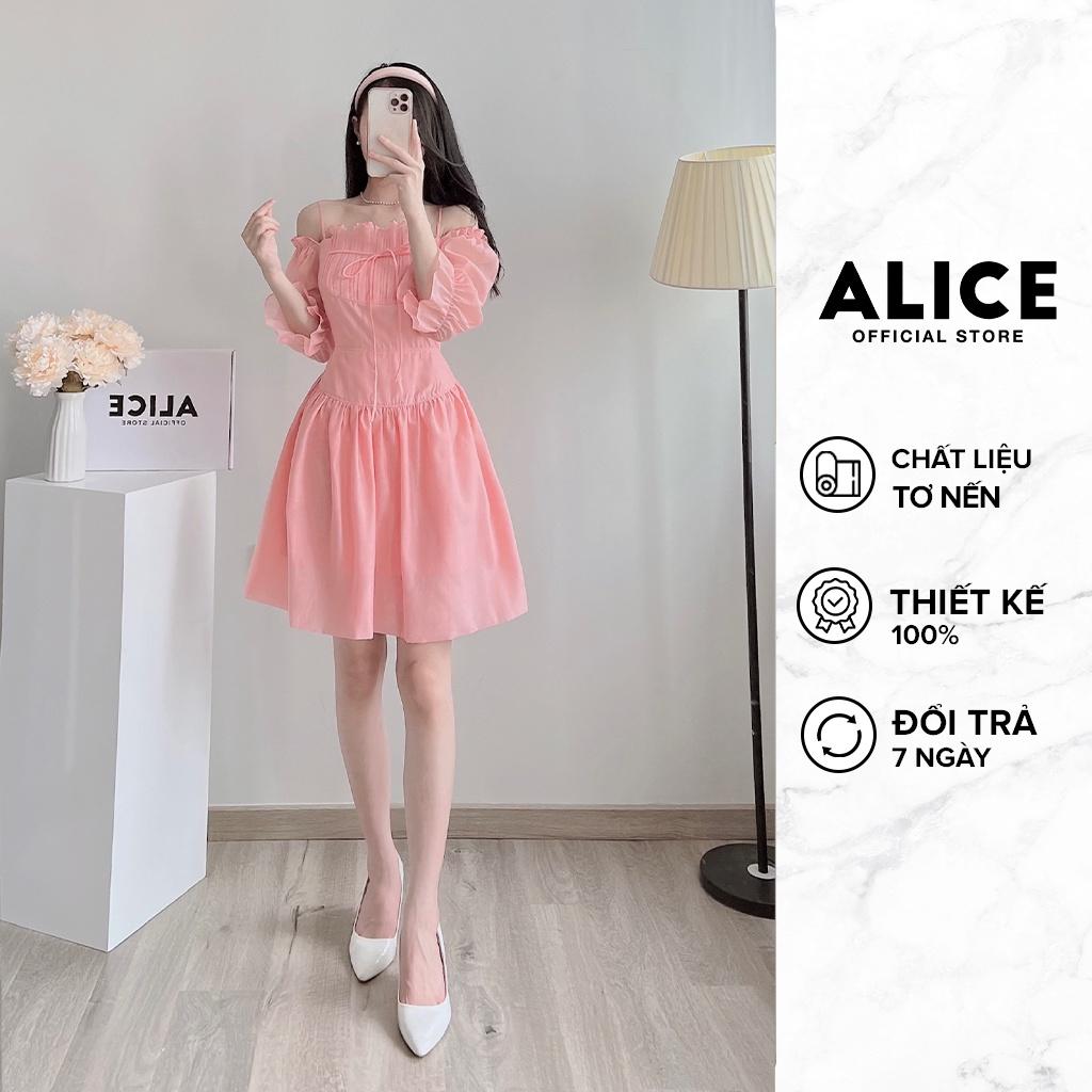 Váy Trễ Vai Tiểu Thư ALICE Chất Tơ Nến Lót Lụa Mềm Mát Thiết Kế Dáng Xòe Xếp Ly Ngực Cách Điệu V792