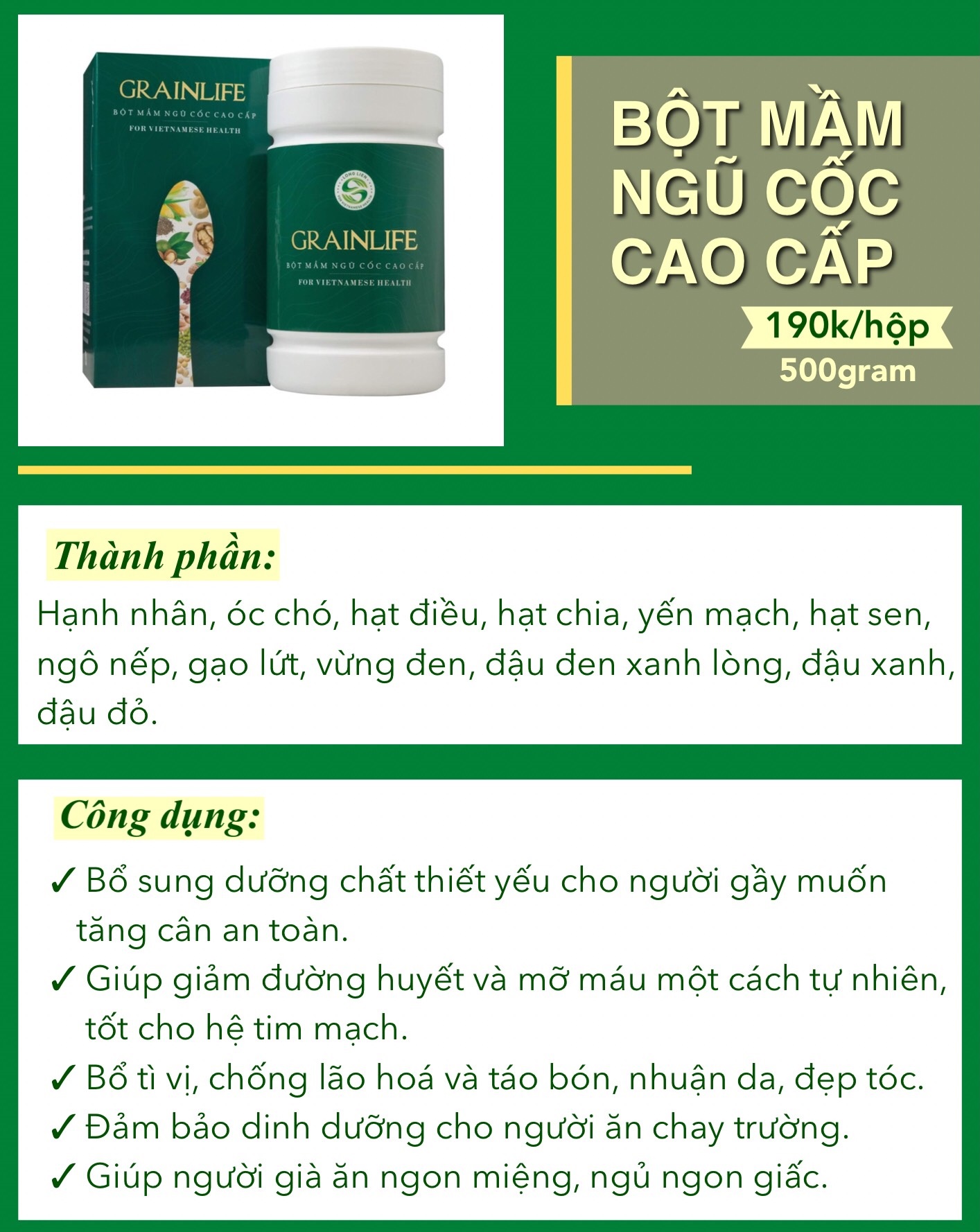 Bột mầm ngũ cốc cao cấp Grainlife LOLIFOOD 500g - Đầy đủ dinh dưỡng cho cho ngày dàii bận rộn, cân bằng cơ thể - Chứng nhận kiểm định từ Viện Dinh Dưỡng Quốc Gia