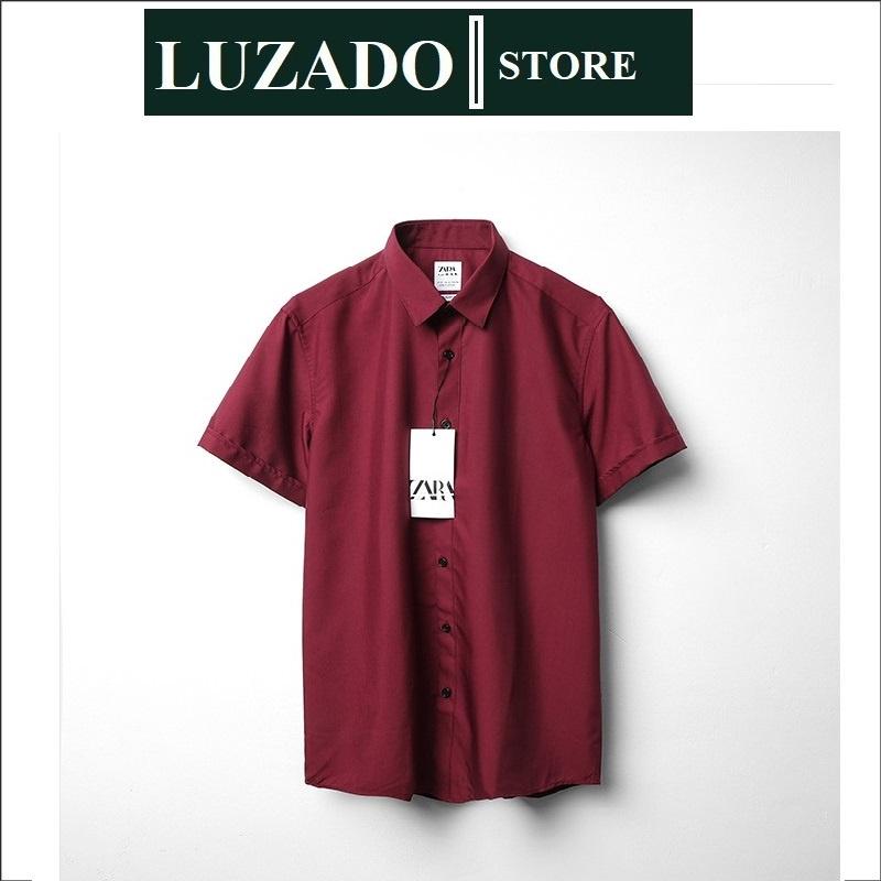 Áo sơ mi nam ngắn tay trơn cổ bẻ basic LUZADO slim fit - Sơ mi nam đẹp cao cấp cộc tay công sở vải kate cao cấp VNXK