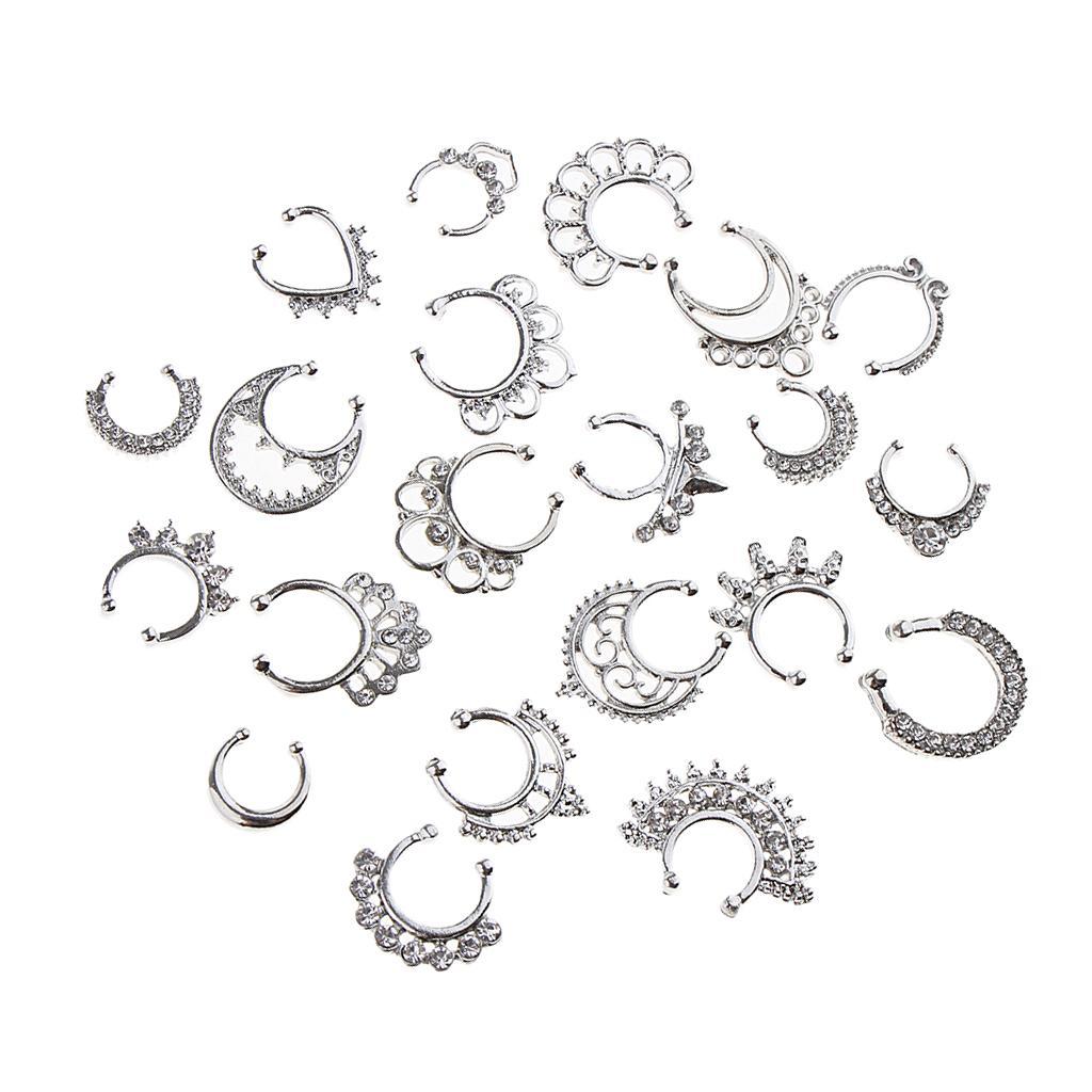 2x21 Pieces Crystal Fake Septum Clicker Nose Ring Non-piercing Silver